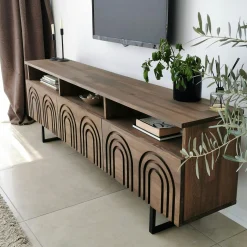 Meuble TV bois brun motif arches avec 2 étagères JACA