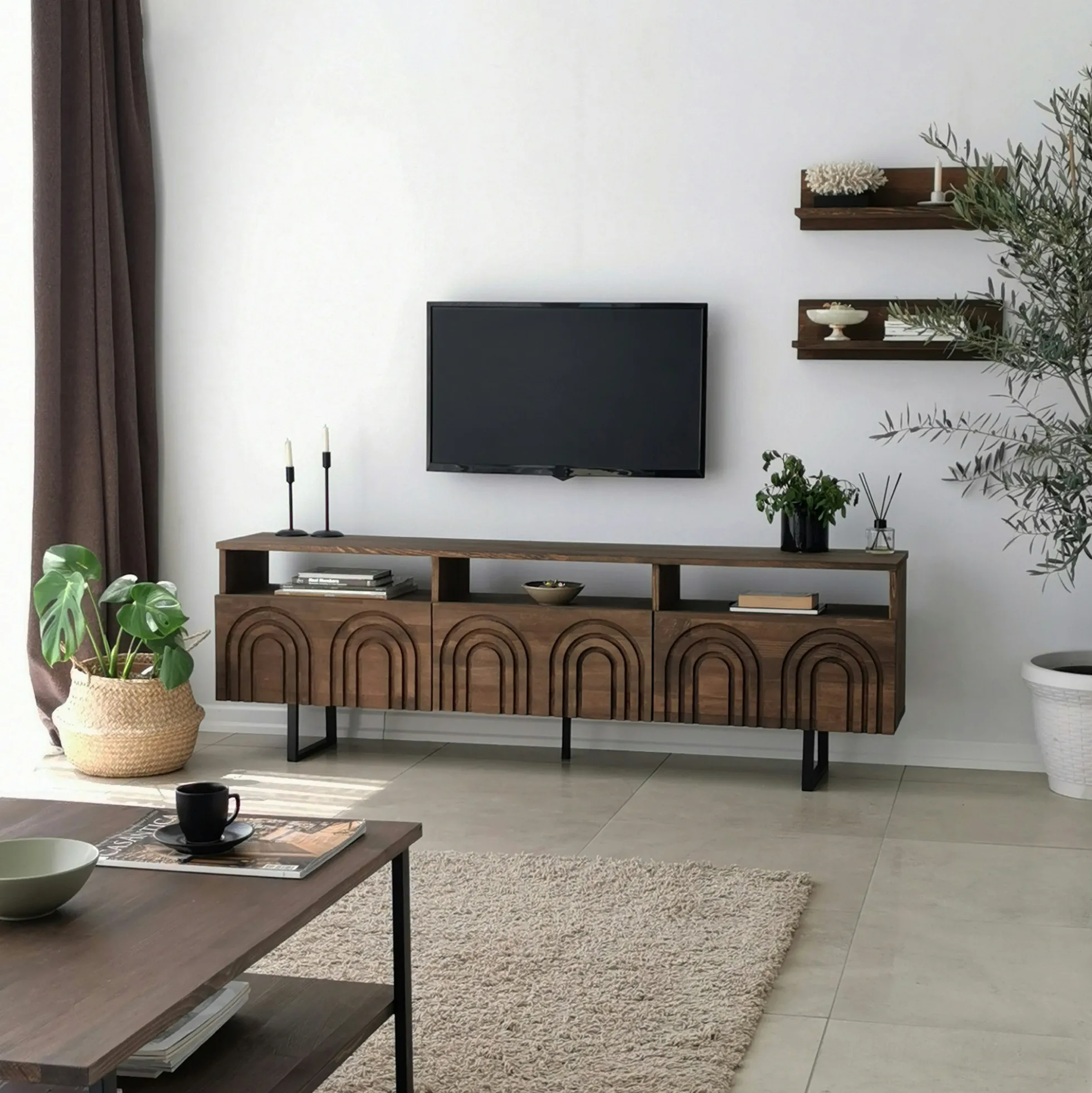 Meuble TV bois brun motif arches avec 2 étagères JACA
