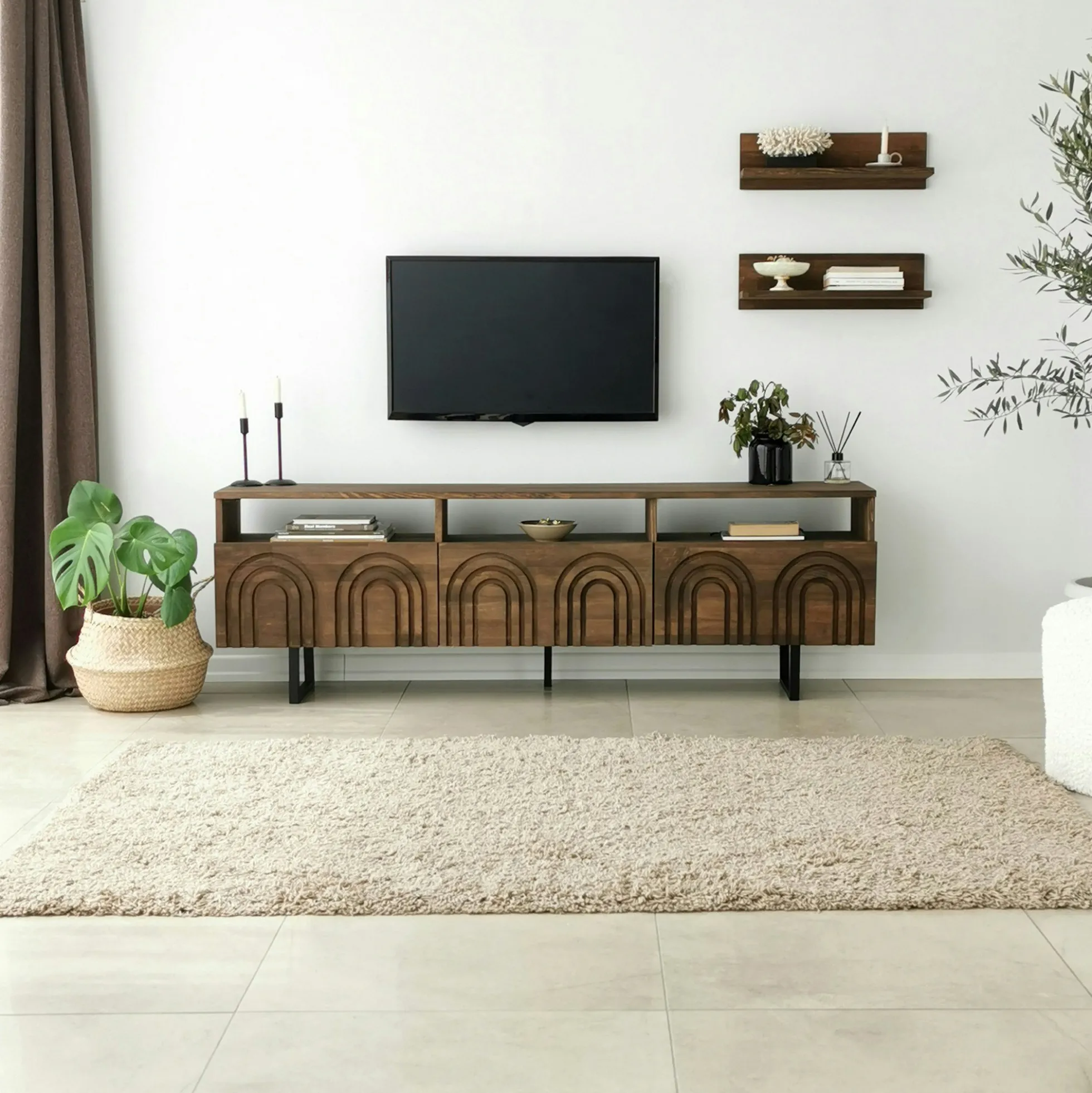Meuble TV bois brun motif arches avec 2 étagères JACA