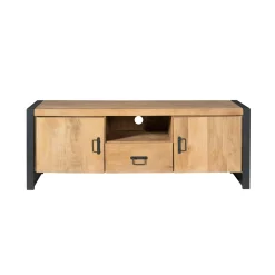 Meuble TV bois clair et métal noir 2 portes MILORA