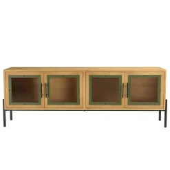 Meuble TV bois clair 4 portes vitrées contour vert BAGAN