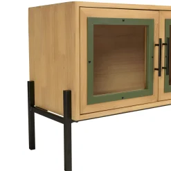 Meuble TV bois clair 4 portes vitrées contour vert BAGAN