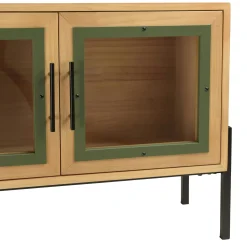 Meuble TV bois clair 4 portes vitrées contour vert BAGAN