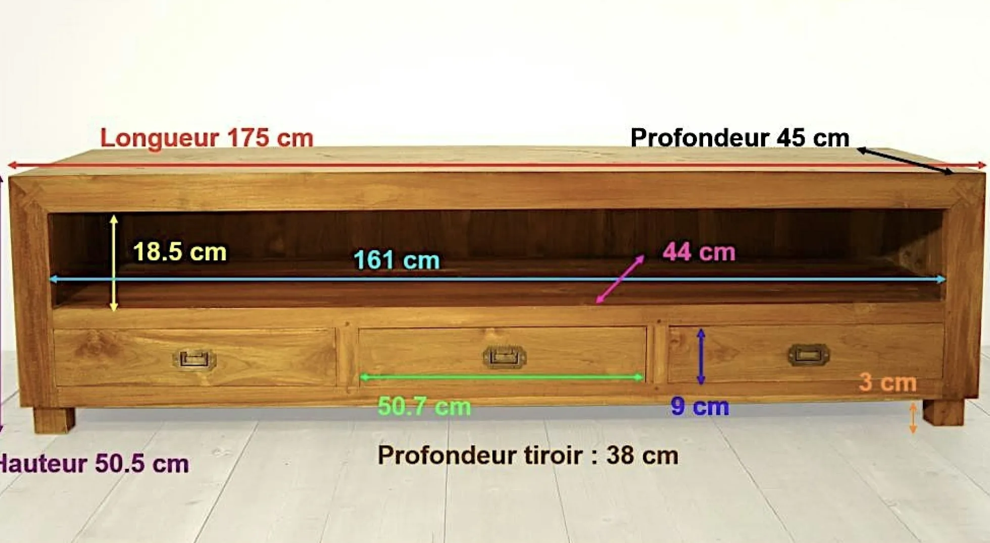 Meuble TV bois de teck 3 tiroirs BISHO