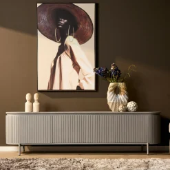 Meuble TV bois gris rainuré ovale 4 portes CALERO