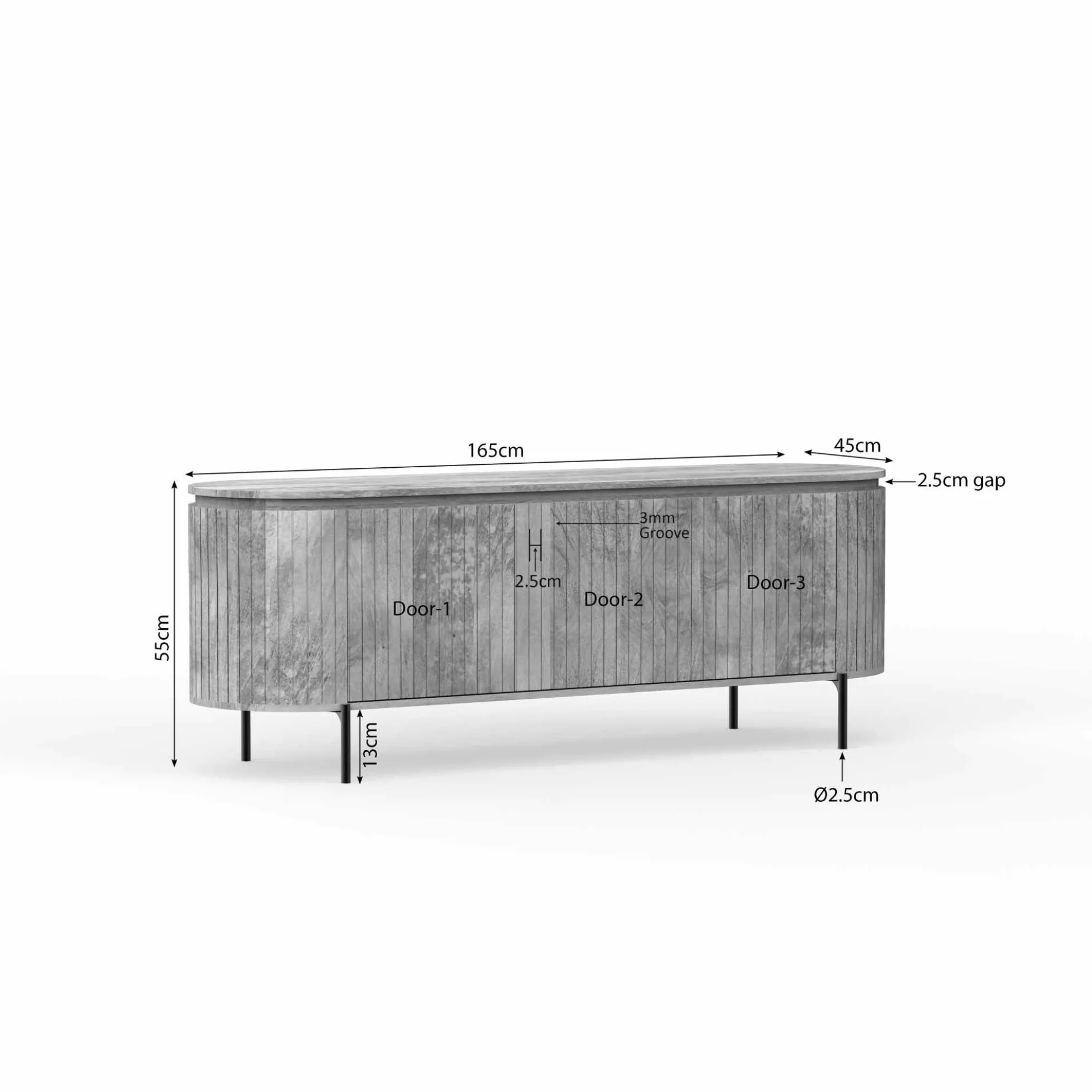 Meuble TV bois gris rainuré ovale 3 portes CALERO