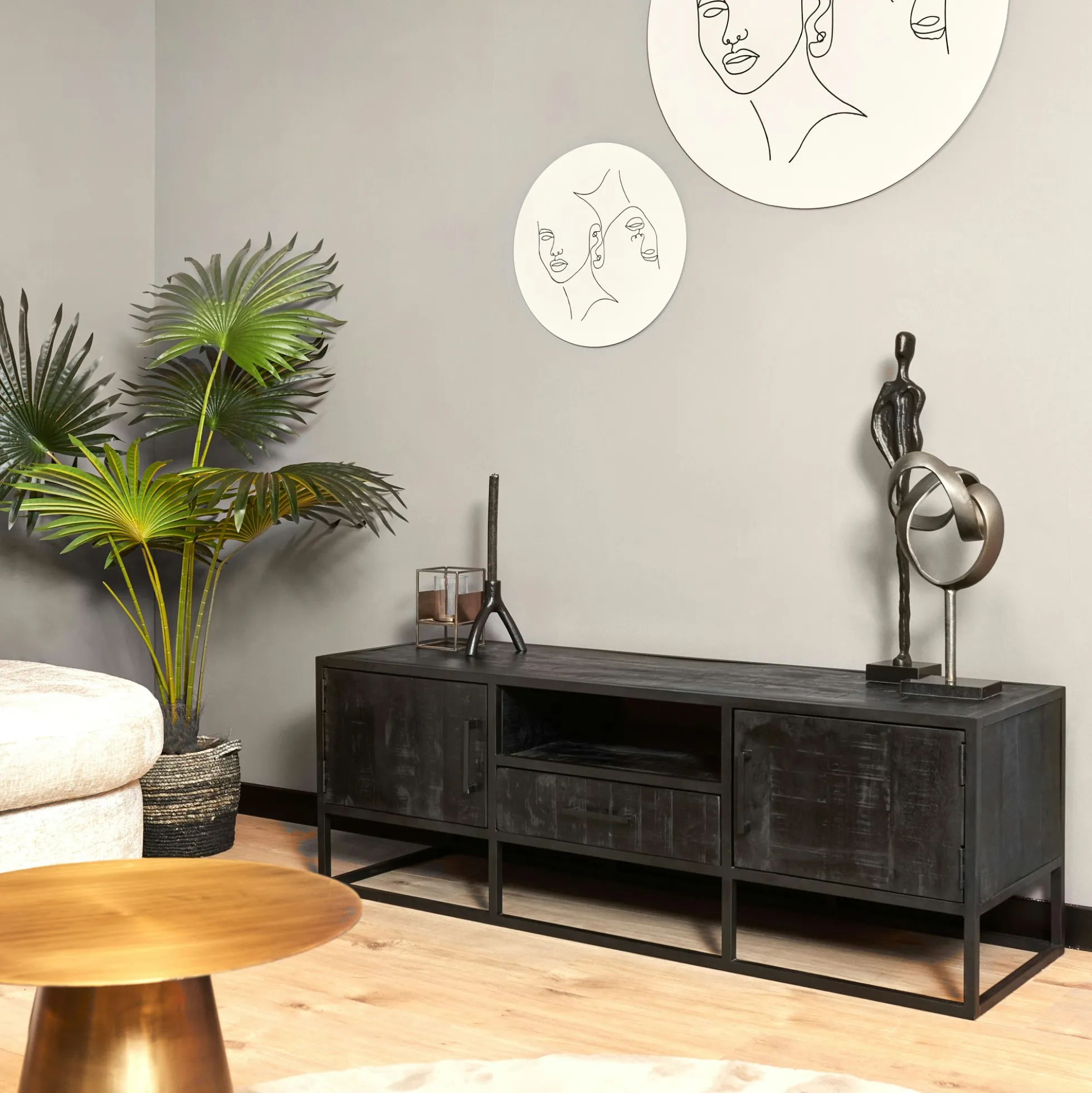 Meuble TV bois noir avec rangement 145 cm RIVANO