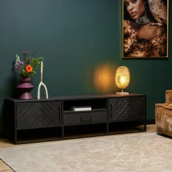 Meuble TV bois noir 2 portes motif chevron ALVERA