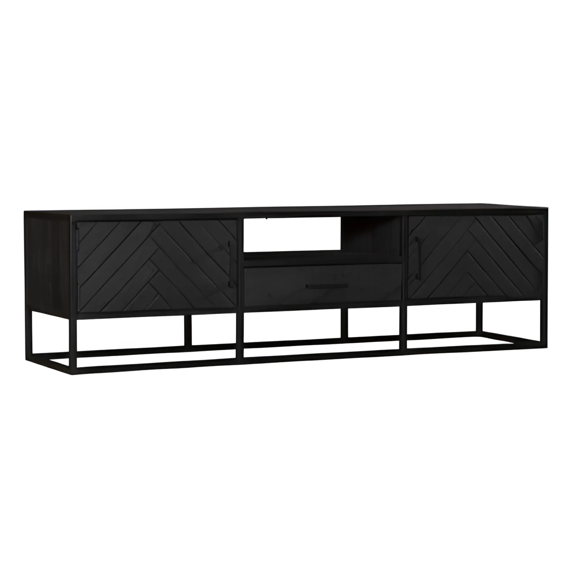 Meuble TV bois noir 2 portes motif chevron ALVERA