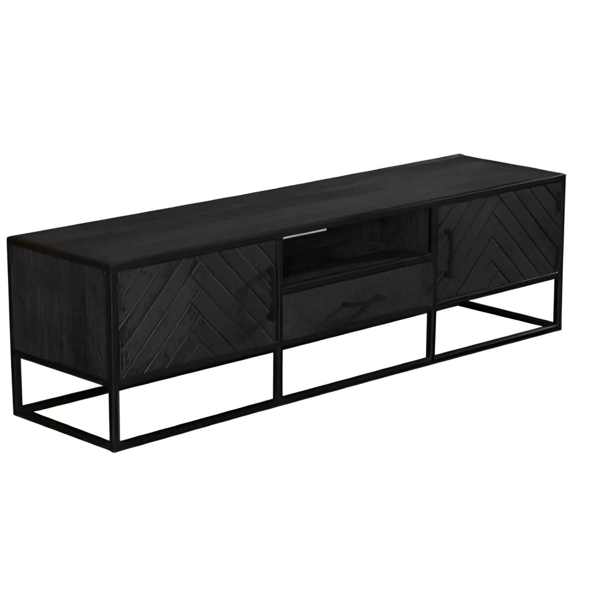 Meuble TV bois noir 2 portes motif chevron ALVERA