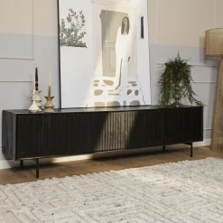 Meuble TV bois noir 4 portes rainurées 210 cm CORTINA