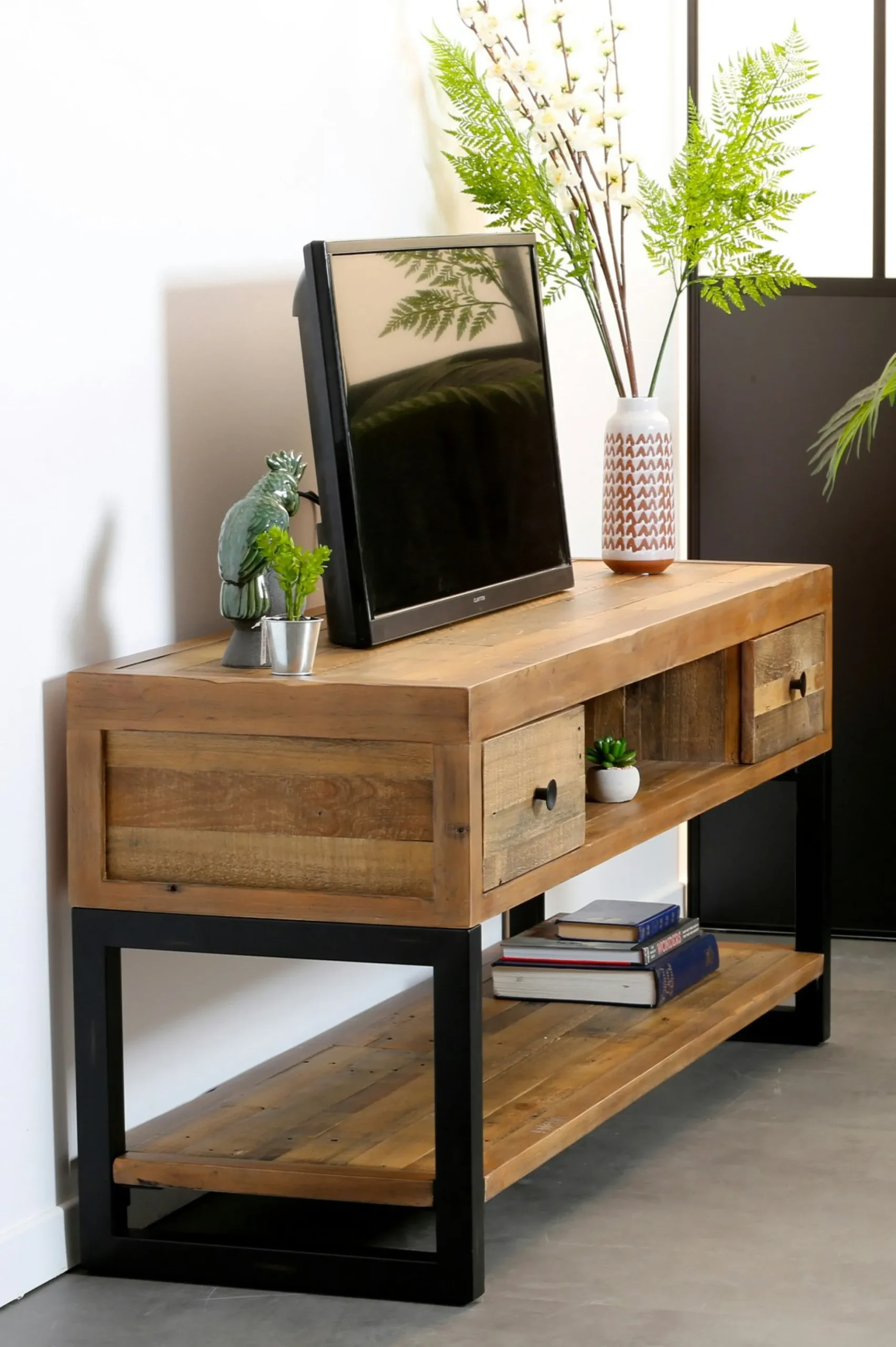 Meuble TV bois recyclé double plateau BRISBANE