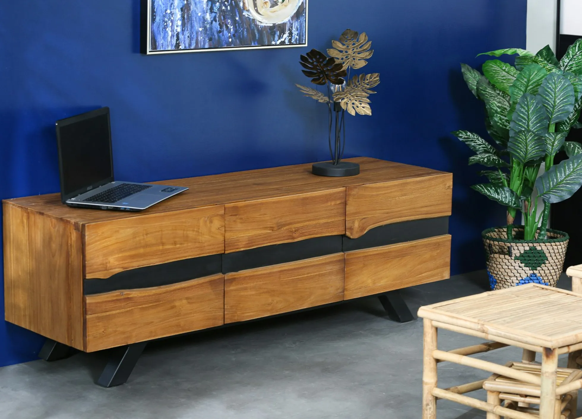 Meuble tv bois recyclé teck laque noire BARBADE