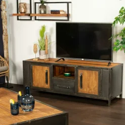 Meuble tv bois recyclé teck métal vieilli CLEVELAND