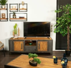 Meuble tv bois recyclé teck métal vieilli CLEVELAND