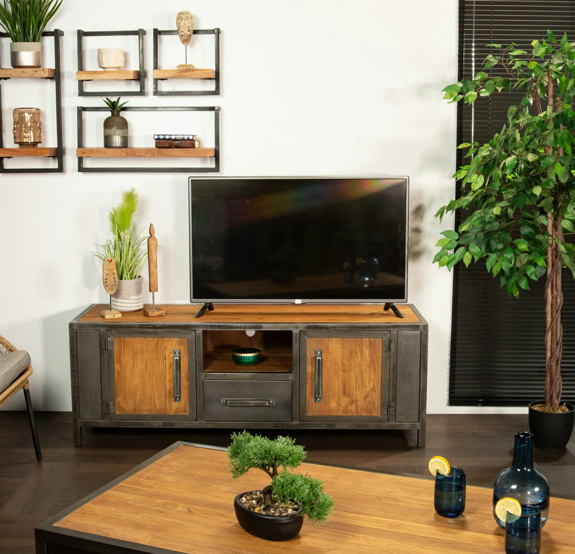 Meuble tv bois recyclé teck métal vieilli CLEVELAND