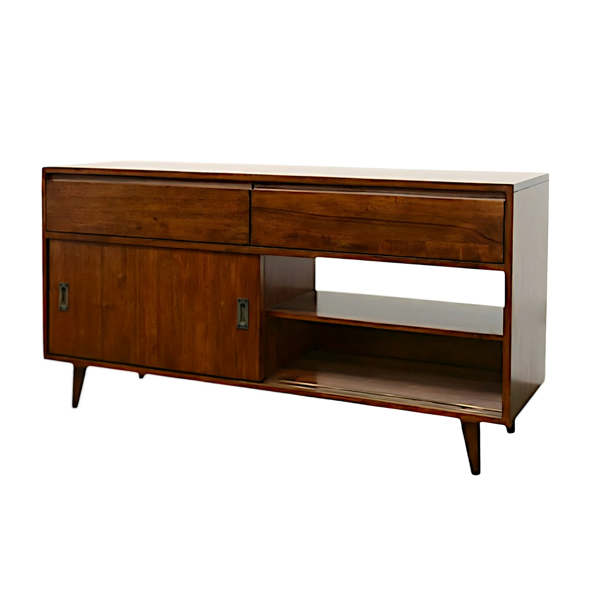Meuble TV / Buffet Hévéa 2 portes coulissantes, 2 tiroirs 140x45x74cm SIXTIES