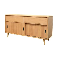 Meuble TV / Buffet Hévéa 2 portes coulissantes, 2 tiroirs 140x45x74cm SIXTIES