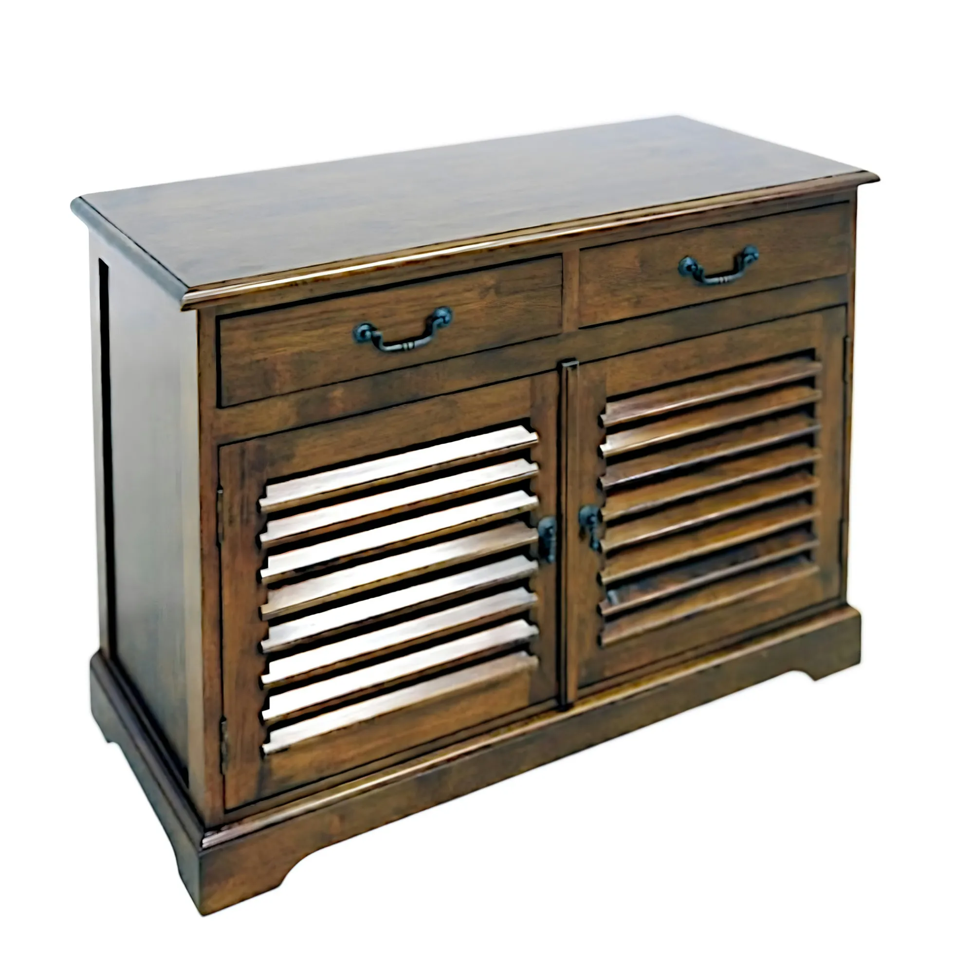 Meuble TV / Buffet Hévéa 2 portes persiennes, 2 tiroirs 100x44x77cm MAORI
