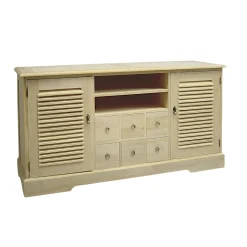 Meuble TV / Buffet Hévéa 2 portes persiennes, 6 tiroirs, 2 niches 150x44x80cm MAORI