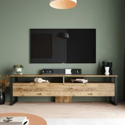 Meuble TV campagne décor bois 4 espaces de rangement JENA