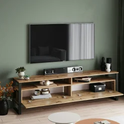 Meuble TV campagne décor bois 4 espaces de rangement JENA