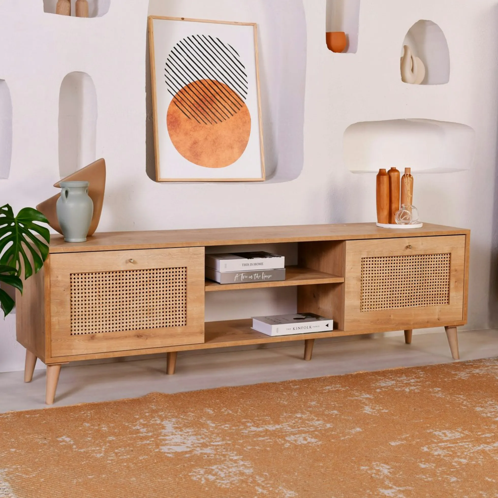 Meuble TV cannage 2 espaces rangement 2 niches MARFA