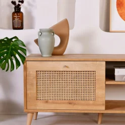 Meuble TV cannage 2 espaces rangement 2 niches MARFA