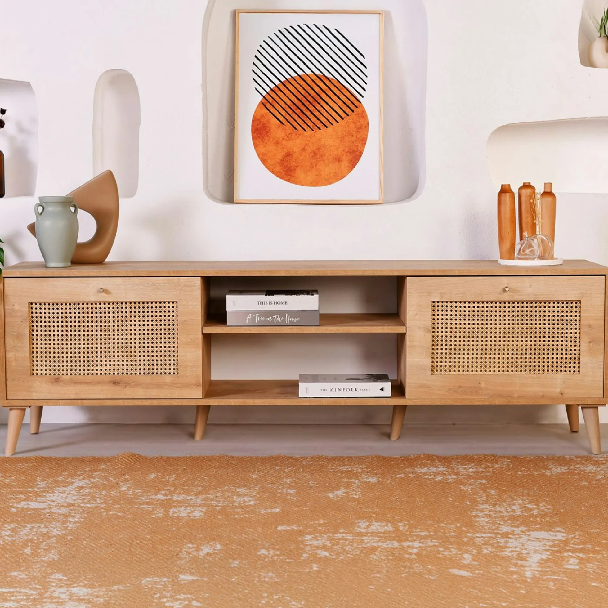 Meuble TV cannage 2 espaces rangement 2 niches MARFA