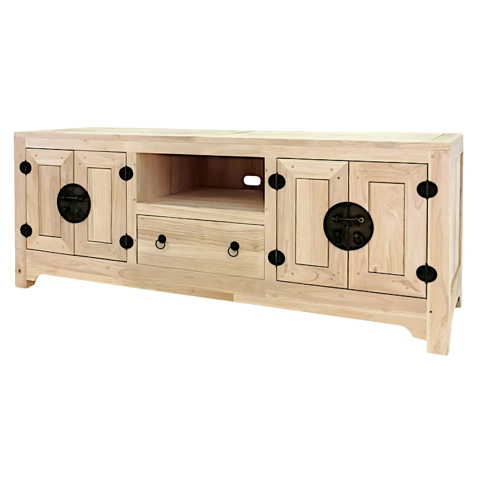 Meuble TV chinois asiatique 4 portes 1 tiroir hévéa 160cm MAORI