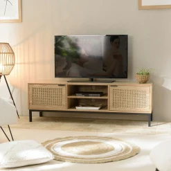 Meuble TV 147 cm 2 portes cannage rotin naturel PALMA