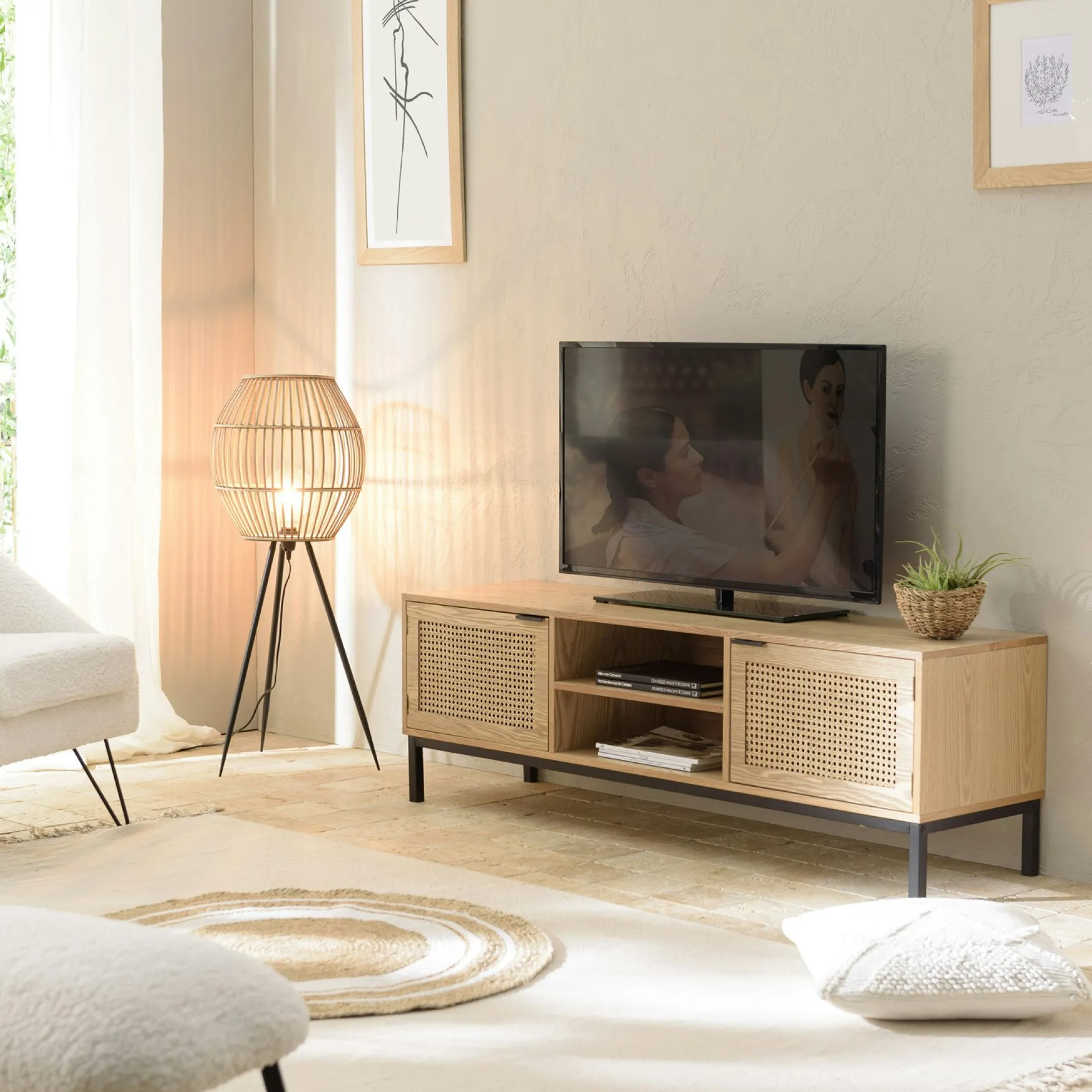 Meuble TV 147 cm 2 portes cannage rotin naturel PALMA