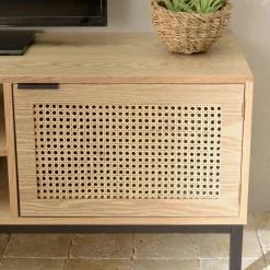Meuble TV 147 cm 2 portes cannage rotin naturel PALMA