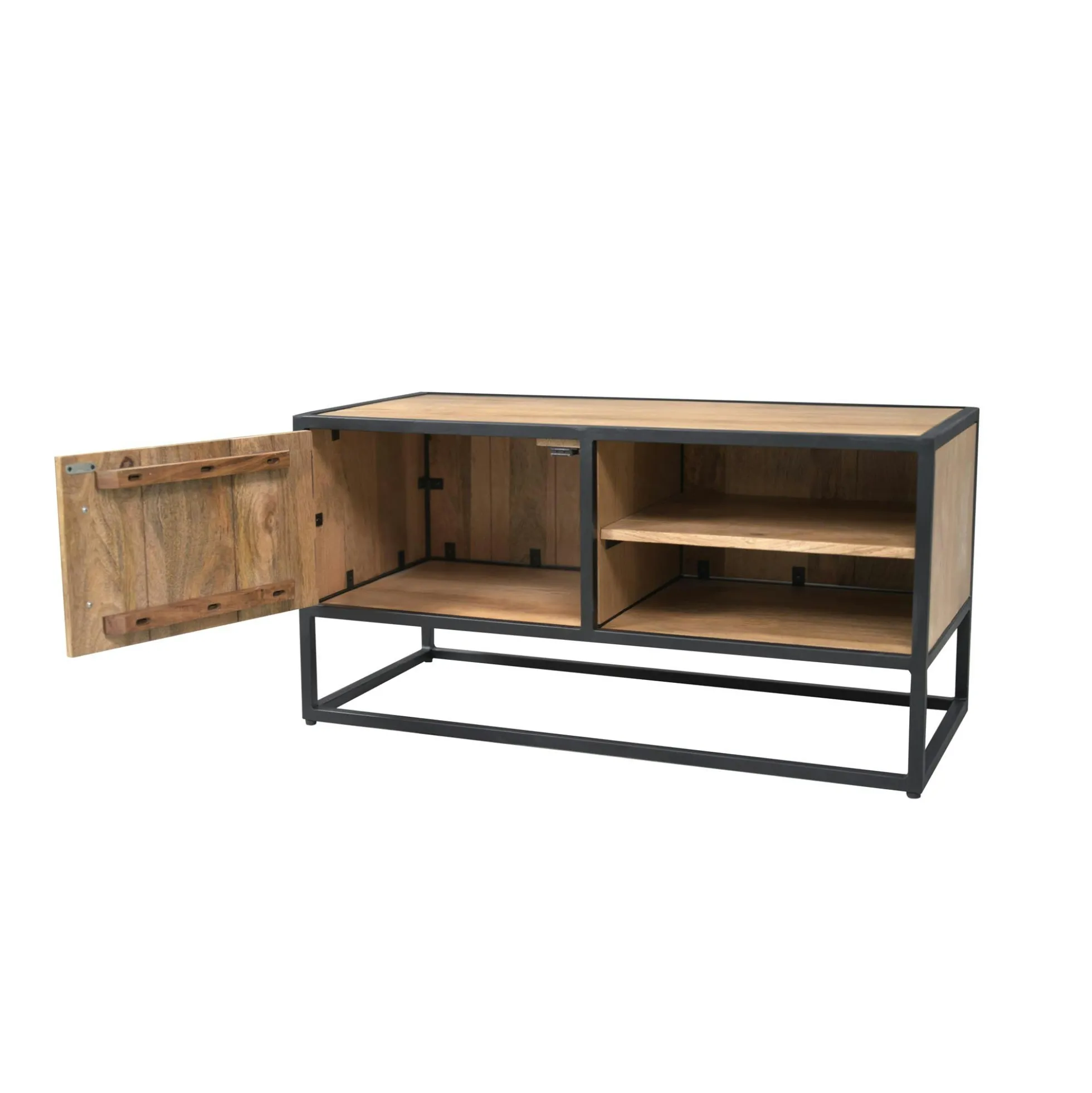 Meuble TV compact en bois clair et métal noir 1 porte RIVANO