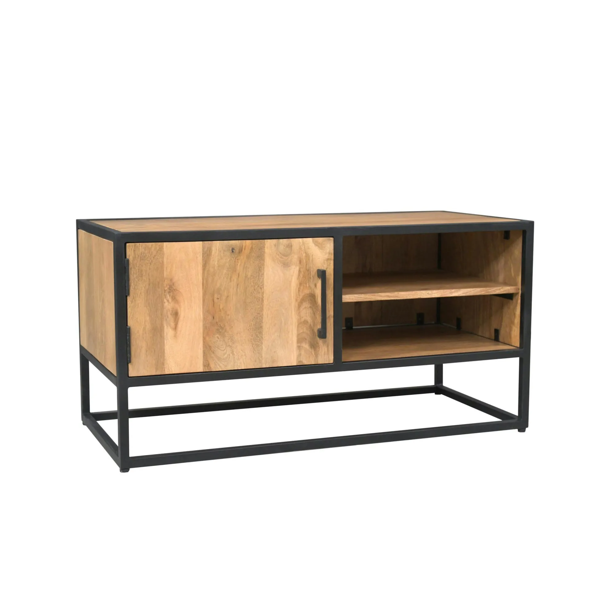 Meuble TV compact en bois clair et métal noir 1 porte RIVANO