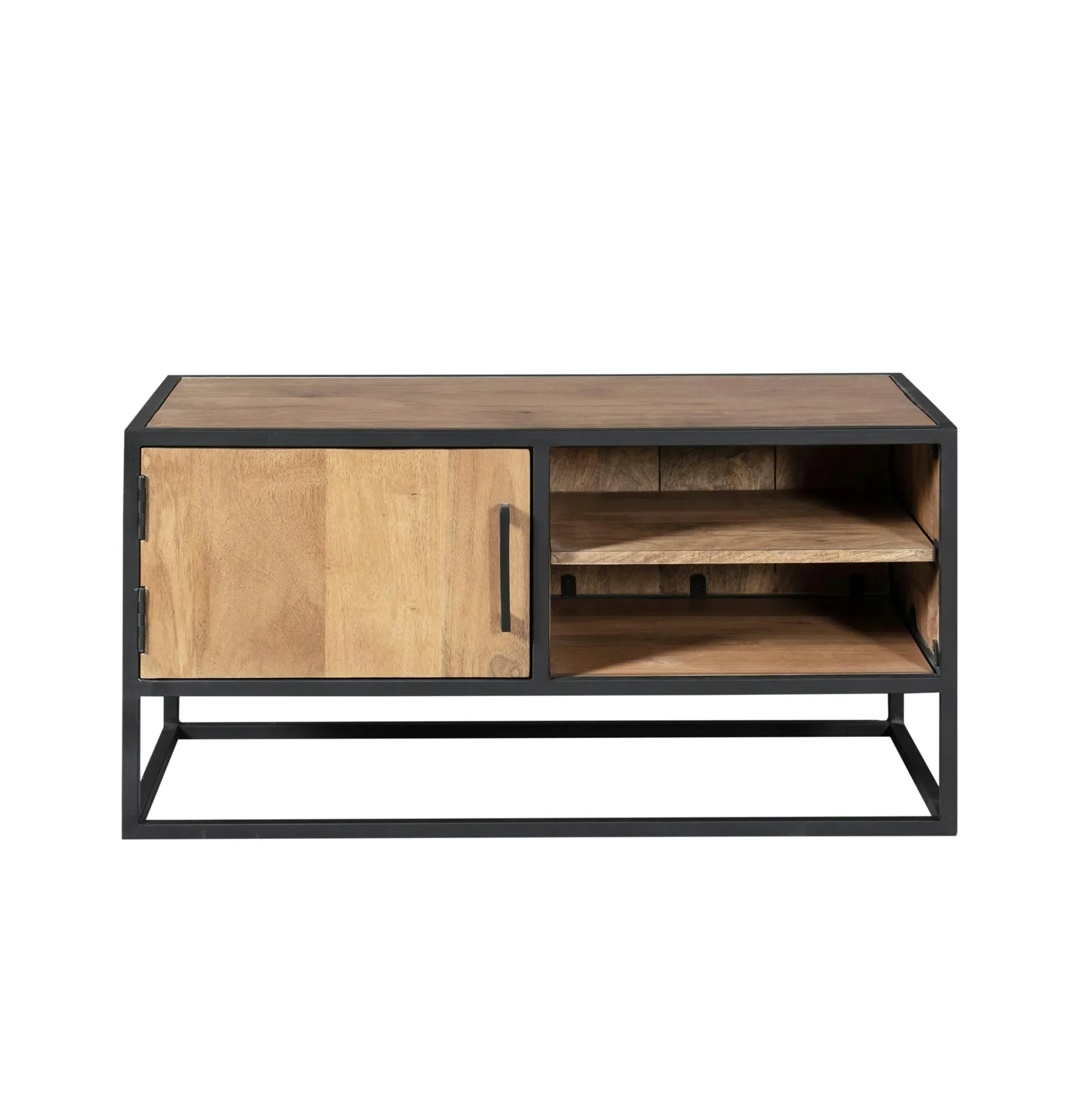 Meuble TV compact en bois clair et métal noir 1 porte RIVANO