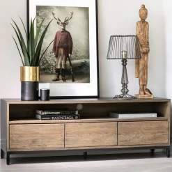 Meuble tv contemporain chêne massif encadrement métal noir HUDSON