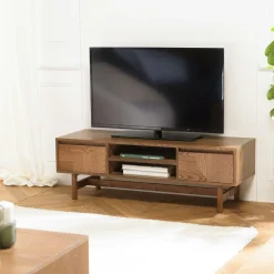 Meuble TV couleur naturelle 2 tiroirs motif arrondi 2 niches CORIA