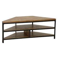 Meuble TV d'angle 3 étages ouverts en Hévéa recyclé naturel et métal 120x46x46cm LOFT