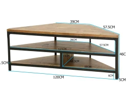 Meuble TV d'angle 3 étages ouverts en Hévéa recyclé naturel et métal 120x46x46cm LOFT