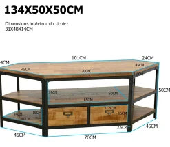 Meuble TV d'angle 2 tiroirs, 3 niches ouvertes dont une grande en Hévéa recyclé coloré et métal 134x50x50cm LOFT COLORS