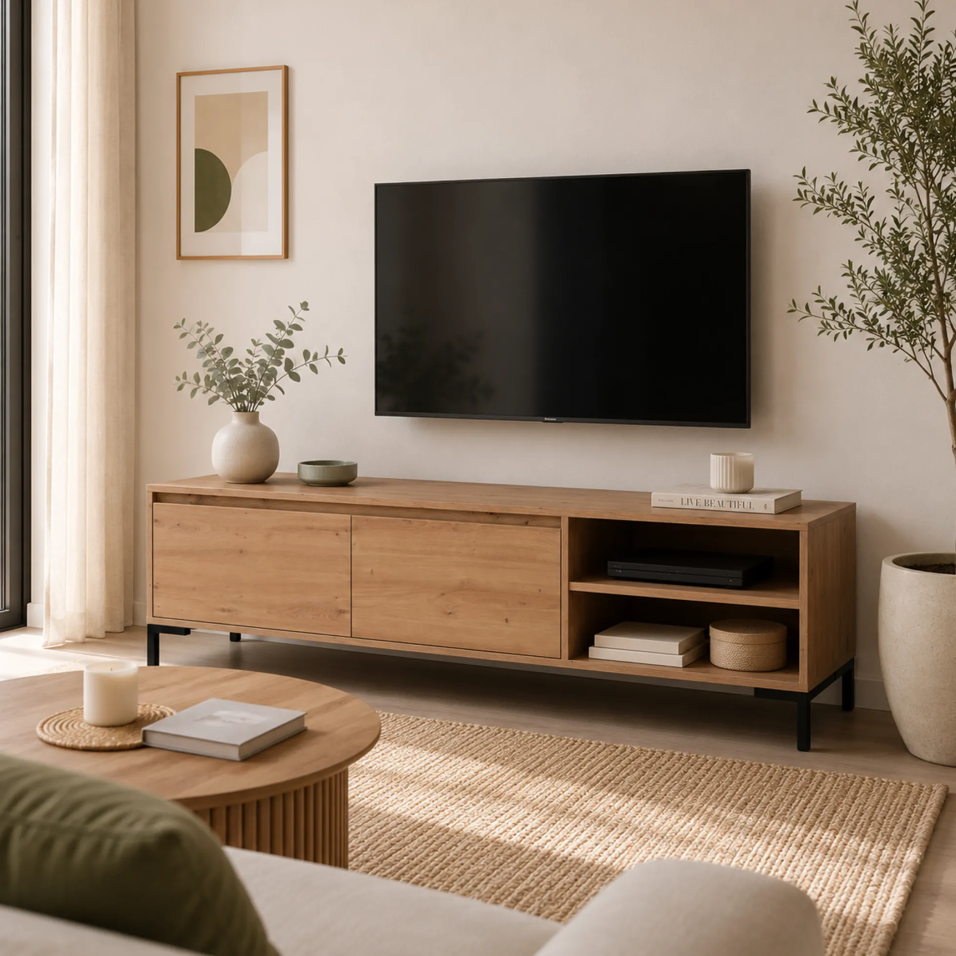 Meuble TV décor bois 2 portes 2 niches KARVI