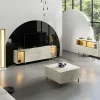 Meuble TV décor travertin et doré 2 portes 2 niches LED AURA