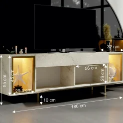 Meuble TV décor travertin et doré 2 portes 2 niches LED AURA