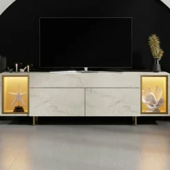Meuble TV décor travertin et doré 2 portes 2 niches LED AURA