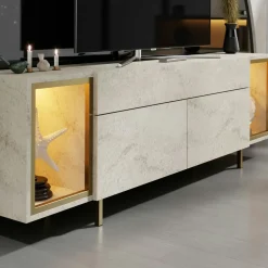 Meuble TV décor travertin et doré 2 portes 2 niches LED AURA