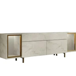 Meuble TV décor travertin et doré 2 portes 2 niches LED AURA