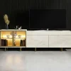 Meuble TV décor travertin et doré 2 portes 1 niche LED AURA