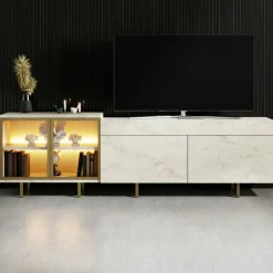 Meuble TV décor travertin et doré 2 portes 1 niche LED AURA