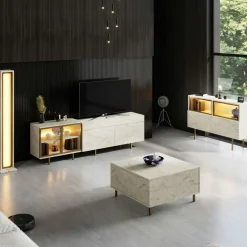 Meuble TV décor travertin et doré 2 portes 1 niche LED AURA
